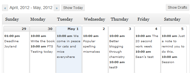 An example of a WordPress editorial calendar.