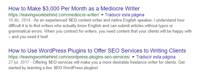 Two examples of Leaving Work Behind article meta descriptions.