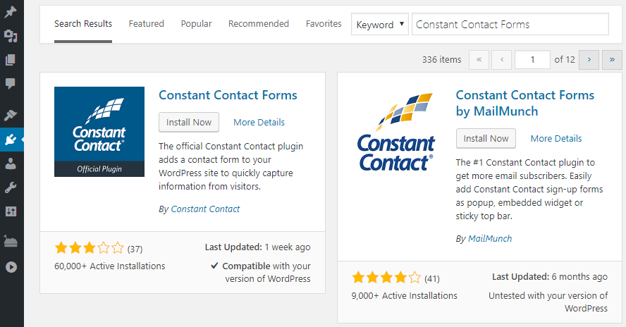 Installing the Constant Contact plugin.
