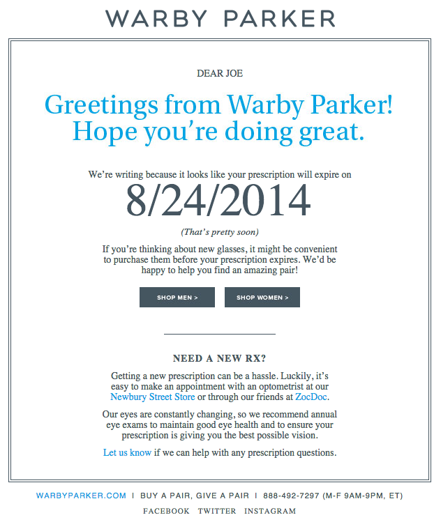 A Warby Parker email campaign.
