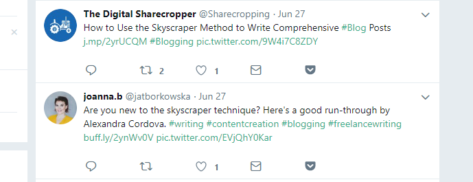 Two examples of Twitter accounts sharing some of our posts.