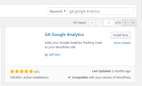 Installing the GA Google Analytics plugin.