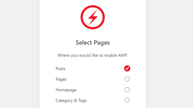 Choosing what type of pages to enable AMP for.