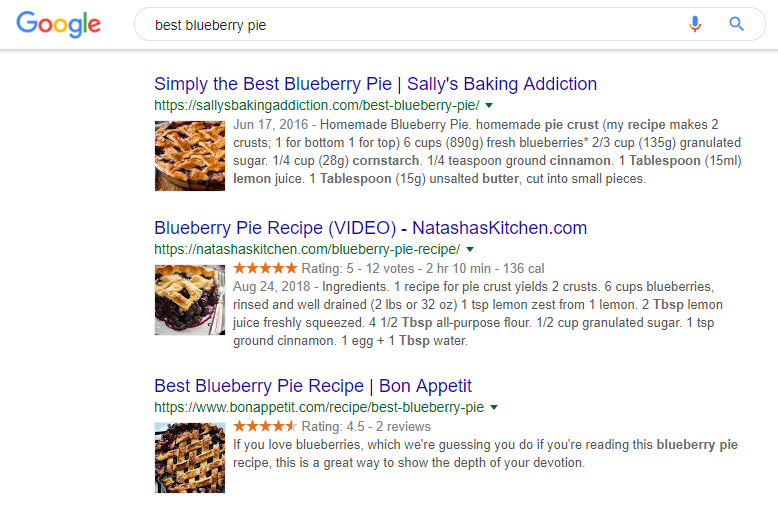 An example of a search using the keyword "best blueberry pie".