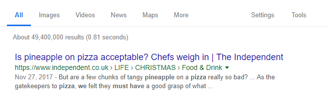A Google search about pineapple on pizza.