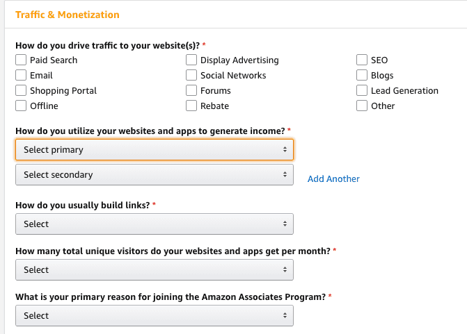 Filling out an Amazon Associates forms.