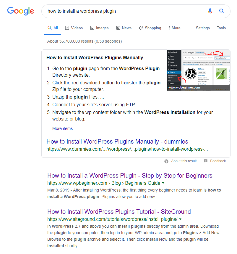 Asking Google how to install a WordPress plugin.