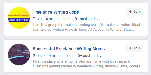 Some examples of Facebook groups for freelance writers.