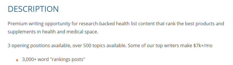 The description of a job ad for a health writer.