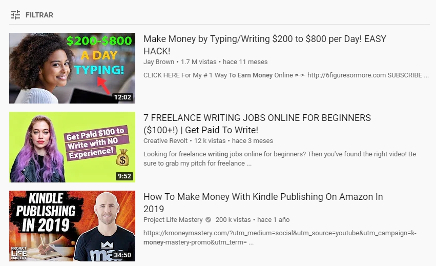 A YouTube search for learning how to make money as a writer.