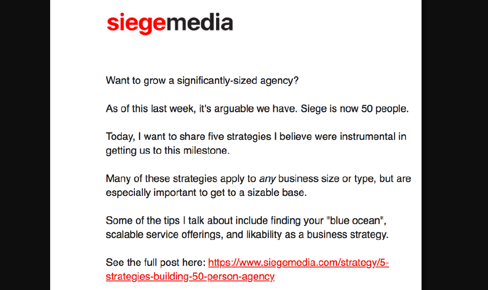 A blog promotion email from Siege Media.