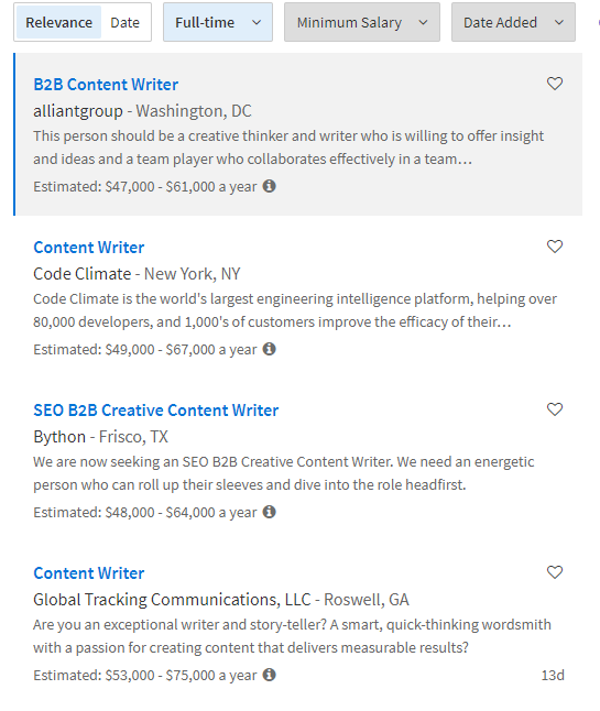 Some examples of in-house B2B writing positions.