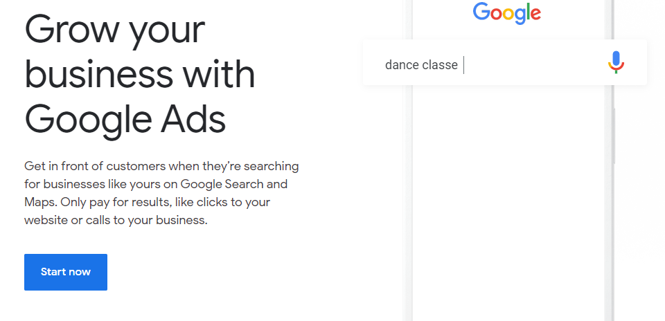 The Google Ads homepage.