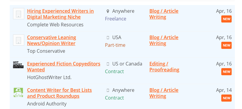Some examples of freelance writing job listings.
