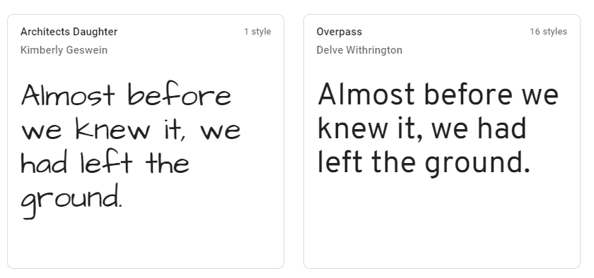 Examples of Google Fonts.