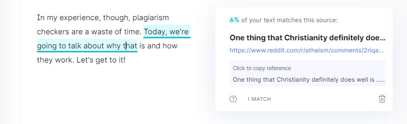 Grammarly flagging a phrase as plagiarism.