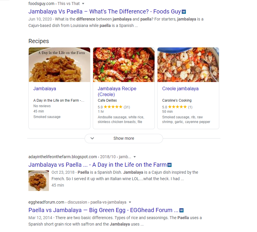 Jambalaya vs paella on Google search results.